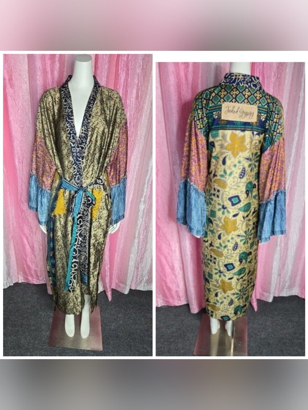 Jaded Gyspy Boho Patchwork Art Silk Hippie Robe Kimono One Size RARE